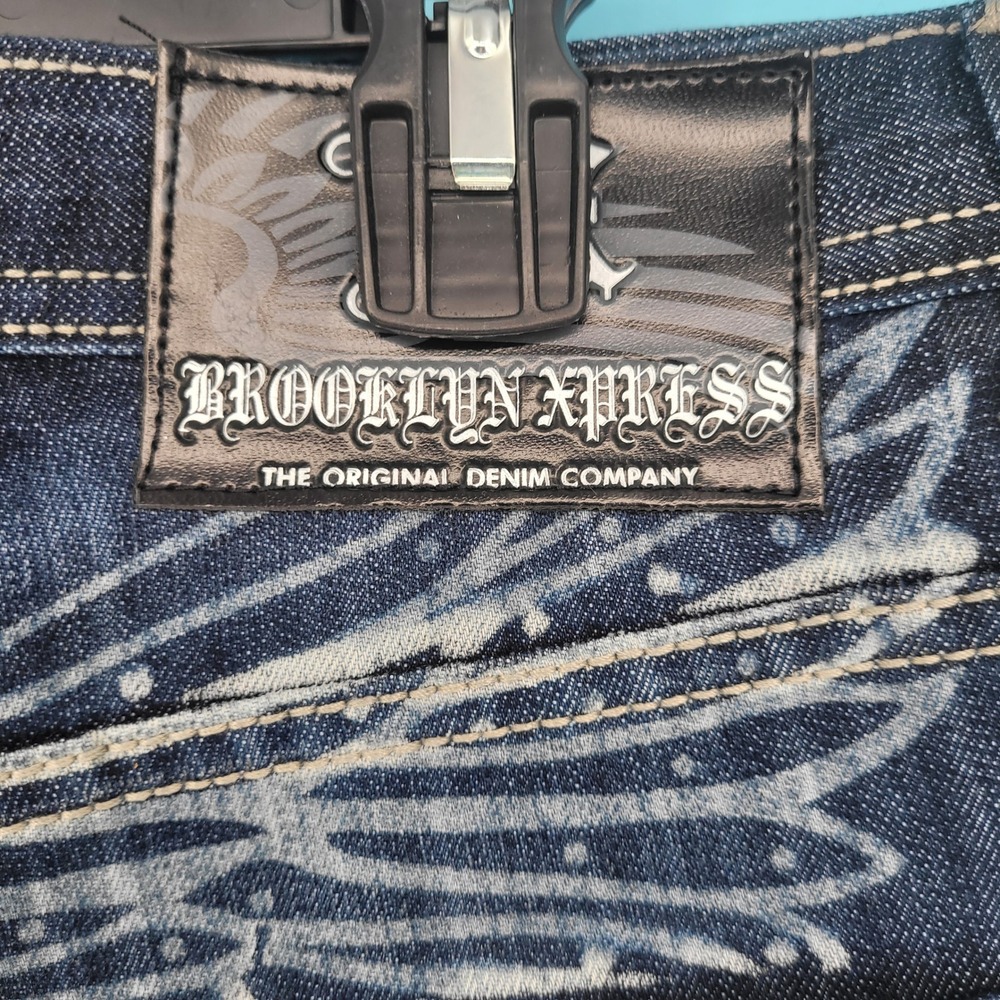 Brooklyn Xpress Jeans Mens 40 Y2K Baggy Eagle Graphic Dark Wash Denim streetwear - Picture 3 of 9